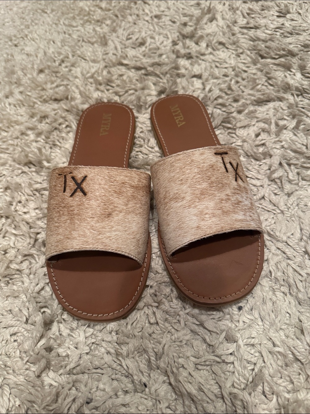 TX Haircalf Slide Sandals in Light Brown MYRA 10